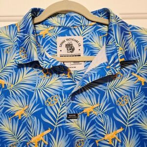 Savage Tacticians Co Men Blue Tropical Gun Brass Knuckle Print Polo Shirt Size L